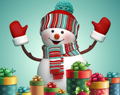 Снеговик с подарками. Детские открытки