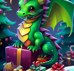 Зеленый Дракончик сидит на подарках - Год Дракона
