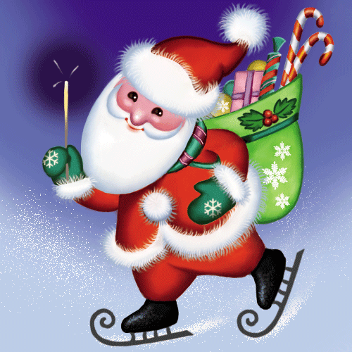 Дед Мороз на коньках с мешком подарков Дед Мороз и Снегурочка картинки
