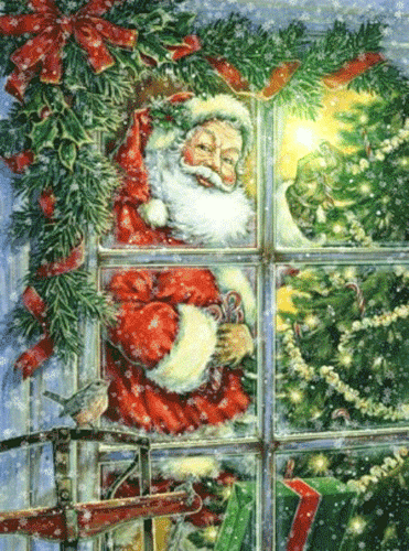 Санта Клаус смотрит в окно Дед Мороз и Снегурочка