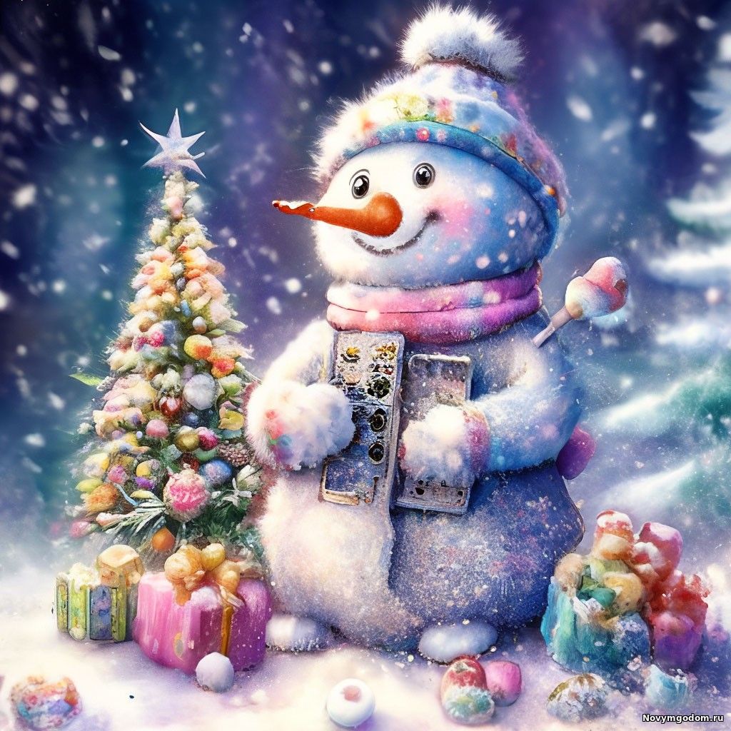 Снеговик у ёлки Новогодние заставки