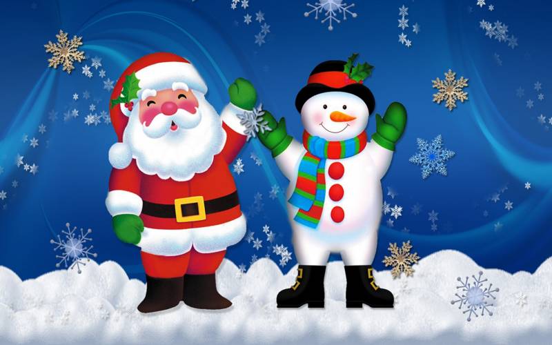 Новогодние обои Снеговик и Санта Клаус Новогодние обои на рабочий стол