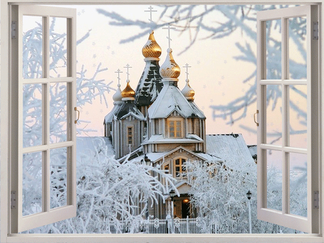 Зимний пейзаж с церковью Зима