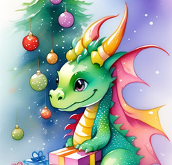 Новогодний Дракончик у елки с подарками - Год Дракона