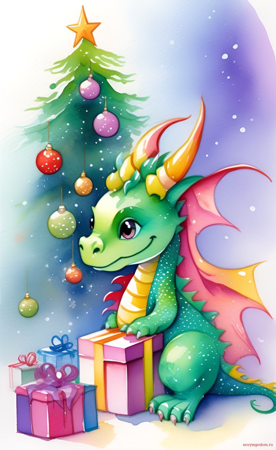 Новогодний Дракончик у елки с подарками Год Дракона