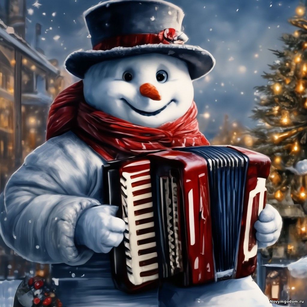 Прикольный снеговик с гармошкой Новогодние заставки